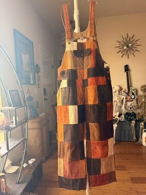 Patchwork Corduroy Overalls in Warm Autumn Tones